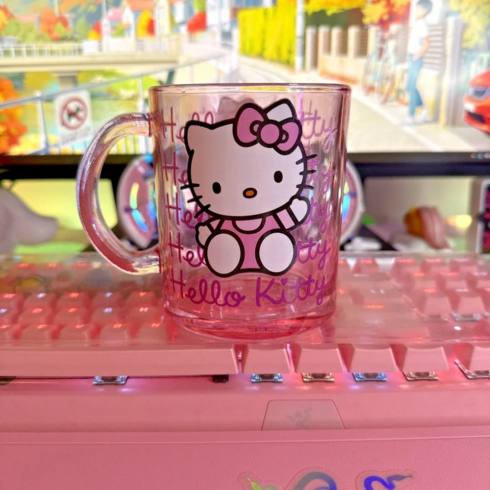 Sanrio Hello Kitty Mug Clear Pink Glass Large Coffee Cup 17.5oz 2024 Classic Bow